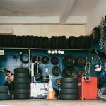 a garage filled with lots of tires and tires