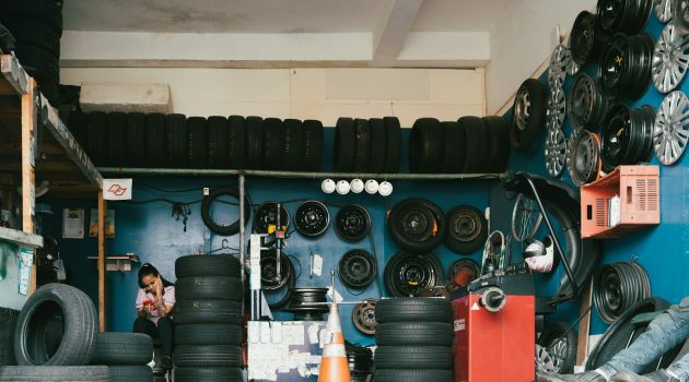 a garage filled with lots of tires and tires