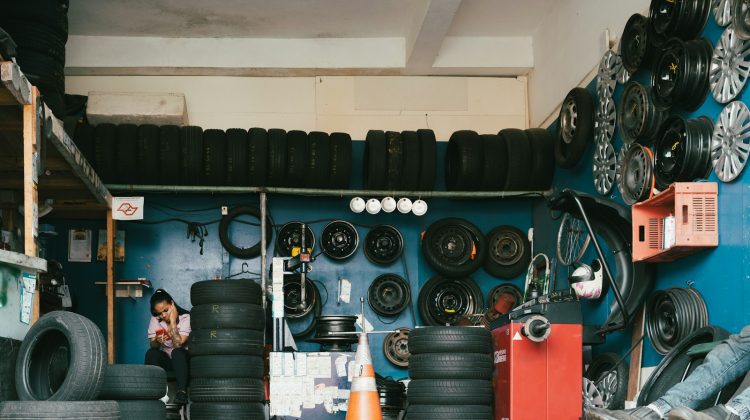 a garage filled with lots of tires and tires