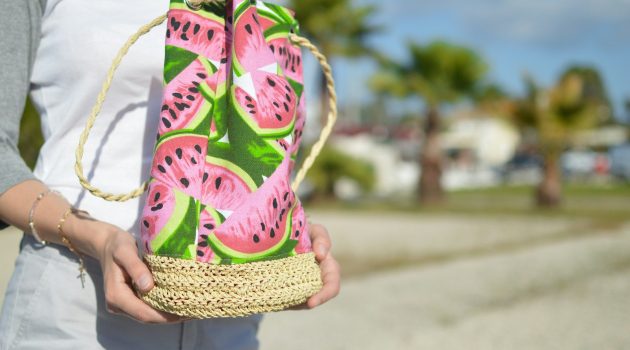 pink and green water melon-printed bag