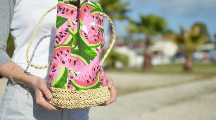 pink and green water melon-printed bag